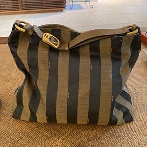 Fendi Pequin Top Handle Brown Canvas Shoulder Bag, Pristine